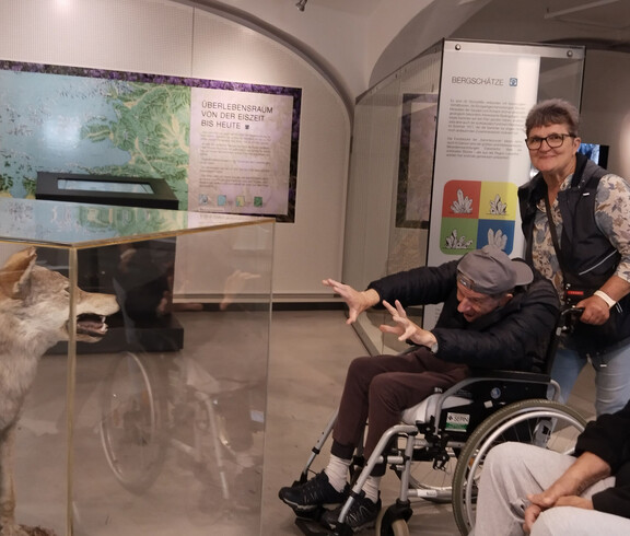 Rollstuhlnutzer macht eine spielerische Geste vor einem ausgestopften Wolf im Glaskasten, begleitet von Pflegekraft