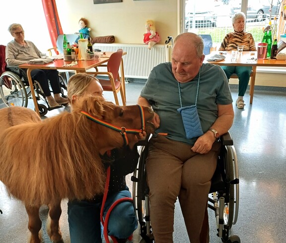 Ein Bewohner im Rollstuhl begegnet einem Pony im Gemeinschaftsraum des Pflegewohnhauses, begleitet von einer Betreuungsperson.