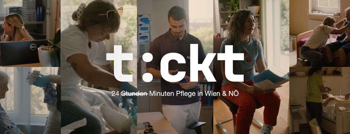 Collage aus Szenen des Pflegealltags der Caritas Pflege mit dem Schriftzug t:ckt und dem Claim 24 Minuten Pflege in Wien und NÖ