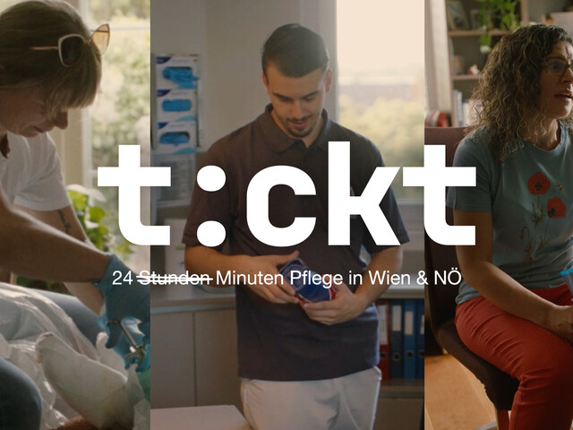 Drei Pflegekräfte der Caritas Pflege bei der Arbeit, darüber der Schriftzug t:ckt und der Claim 24 Minuten Pflege in Wien und NÖ