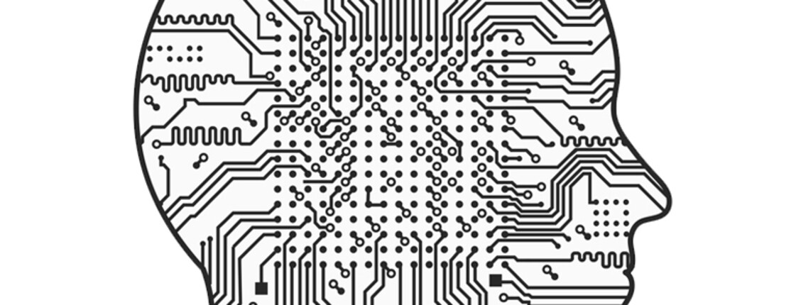 Artificial Intelligence. The image of human head outlines, inside of which there is an abstract circuit board