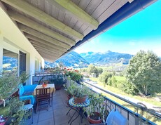 Ein Balkon mit Blumen und Blick ins Grüne