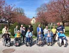 Gruppe von Menschen im Rollstuhl und Begleitpersonen pausiert unter blühenden Bäumen bei Frühlingsspaziergang in Klagenfurt.