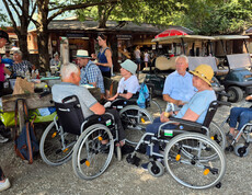 Senior*innen im Rollstuhl sitzen im Schatten bei einem Picknick im Eselpark.