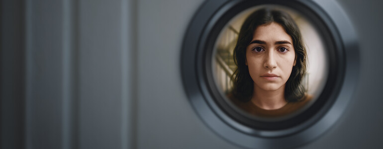 Blick durch den Spion einer Wohnungstüre: Davor steht eine junge Frau mit schwarzen Haaren.