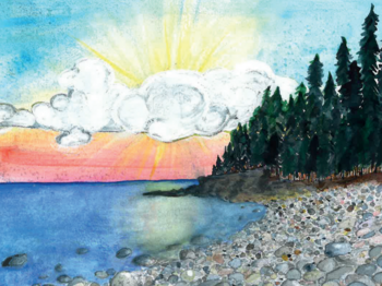 Eine gemalte Landschaft: Sonne, Wolken, ein Wald über einem Gewässer