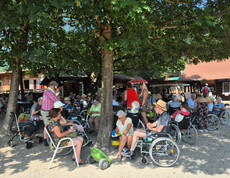 Große Gruppe von Senior*innen im Rollstuhl unter Bäumen vor dem Kiosk im Eselpark.