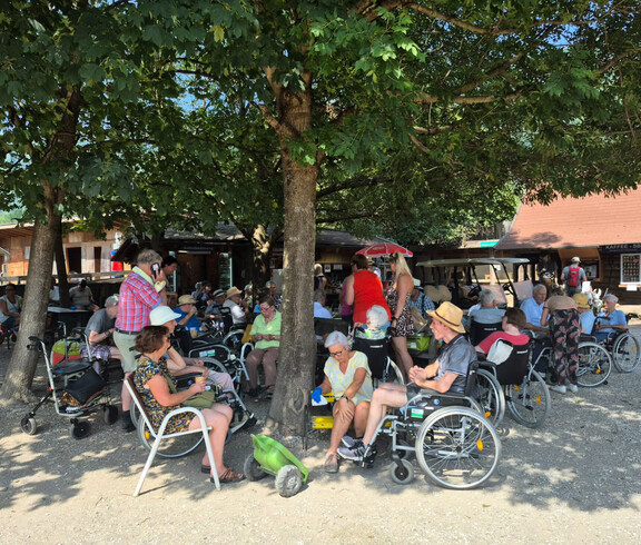 Große Gruppe von Senior*innen im Rollstuhl unter Bäumen vor dem Kiosk im Eselpark.