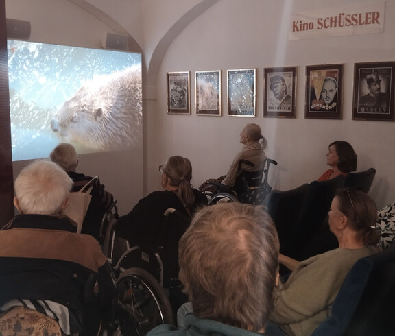 Gruppe von Senior*innen, viele im Rollstuhl, sieht sich eine Naturdokumentation im kleinen Kinosaal an