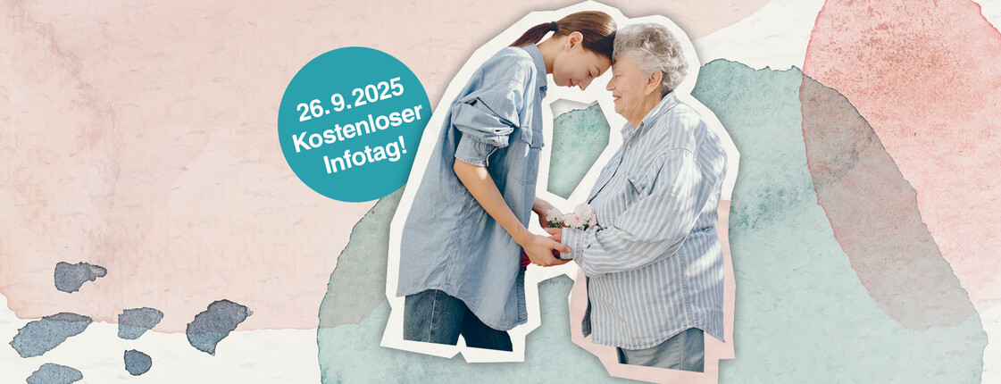Eine jüngere und eine ältere Frau halten sich an den Händen, Text: 26.92025 Kostenloser Infotag!