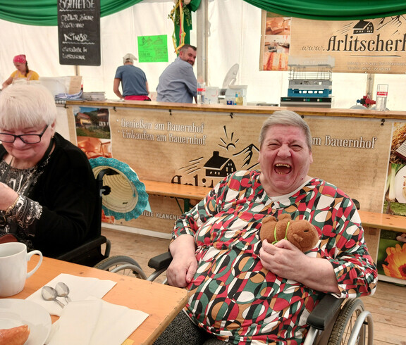 Bewohner*in im Rollstuhl sitzt im Festzelt des Bleiburger Wiesenmarkts und hält ein Stofftier.