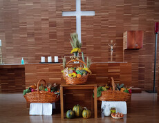  eine Erntedankfest-Dekoration in einer Kirche. Vor einem Holzkreuz sind Körbe und Gaben mit Früchten und Gemüse aufgestellt, die symbolisch für die Ernte und den Dank stehen