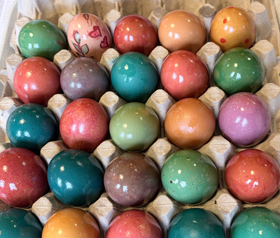 Bunt gefärbte Ostereier liegen sortiert in einem Eierkarton als Ergebnis einer gemeinsamen Osteraktion.