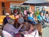 Eine Bewohnerin streichelt Pony Maxi im Innenhof des Pflegewohnhauses, während weitere Bewohnerinnen und Bewohner die Begegnung im Hintergrund verfolgen.