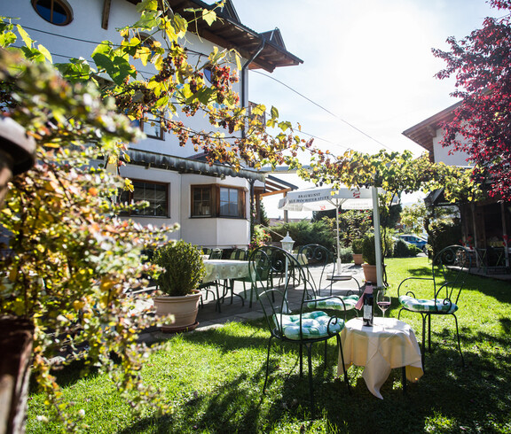 Im Garten eines Gasthauses stehen Stühle und Tische unter einer Weinlaufe. Auf dem Tisch stehen eine Flasche und ein Glas Rotwein.