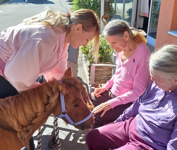 Zwei Bewohnerinnen sitzen im Außenbereich des Pflegewohnhauses und begegnen Pony Maxi aus nächster Nähe, während eine Begleitperson das kleine Pony zu ihnen führt.