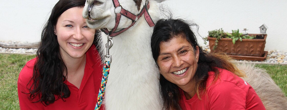 Zwei Caritas Mitarbeiterinnen kuscheln mit einem Lama im Caritas Haus St. Martin